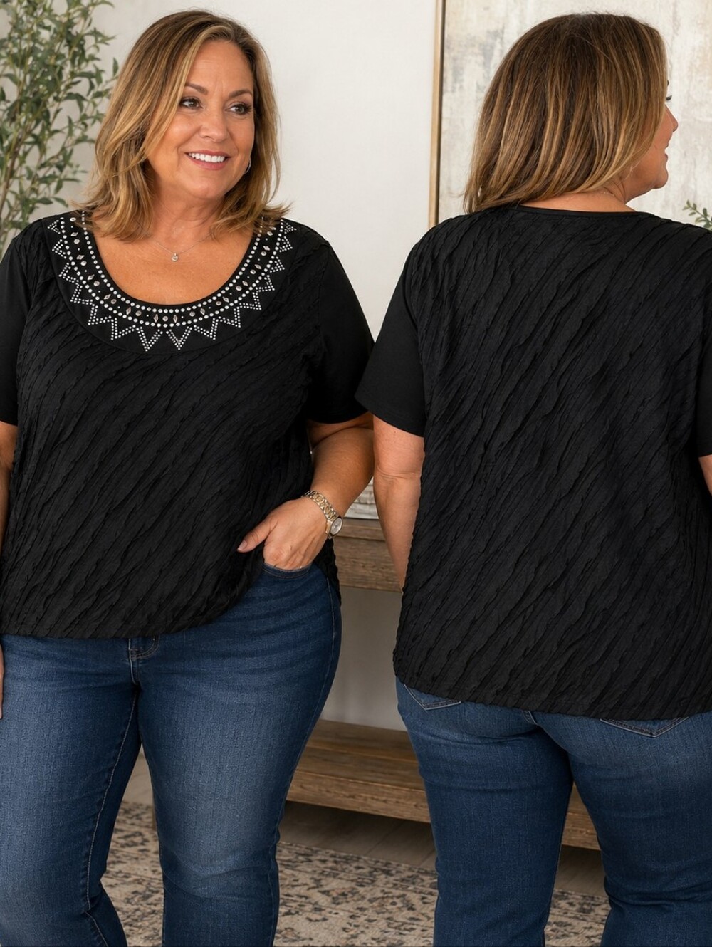 Essentials Black Embellished Textured Top Plus Size 1X Glam Casual y2k Western G